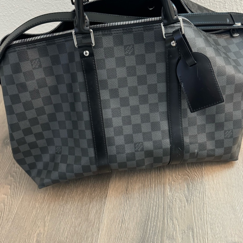 Graphite Checkered Duffel Bag with Black Leather Trim